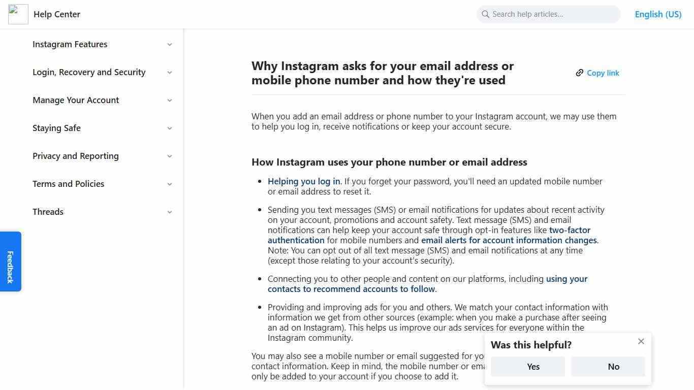 ​​Why Instagram asks for your email address or mobile phone number and how they're used | Instagram Help Center